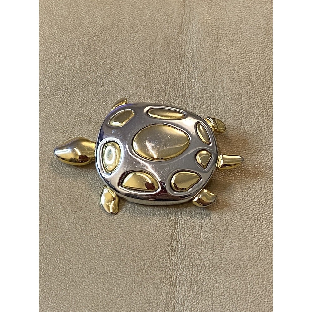 Vintage Gold & Silver Tone Polished Turtle Tortoise Brooch Pin Good Luck Charm